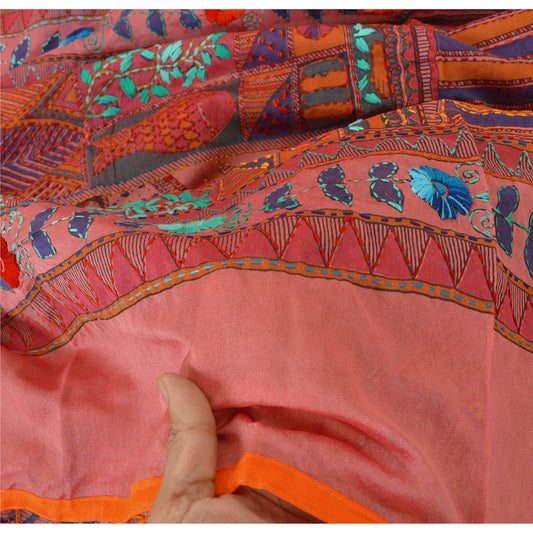 Sanskriti Vintage Pink Dupatta/Stole Chanderi Handmade Madhubani & Kantha Scarve