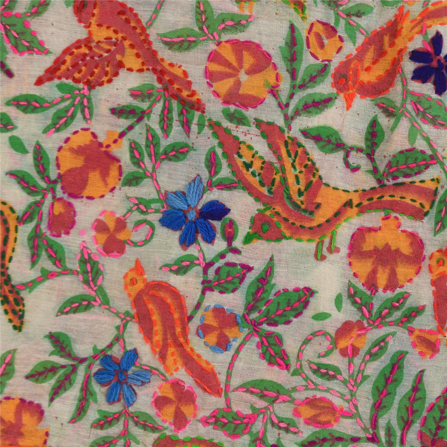 Sanskriti Vintage White Dupatta Chanderi Hand Embroidered Phulkari Printed Hijab