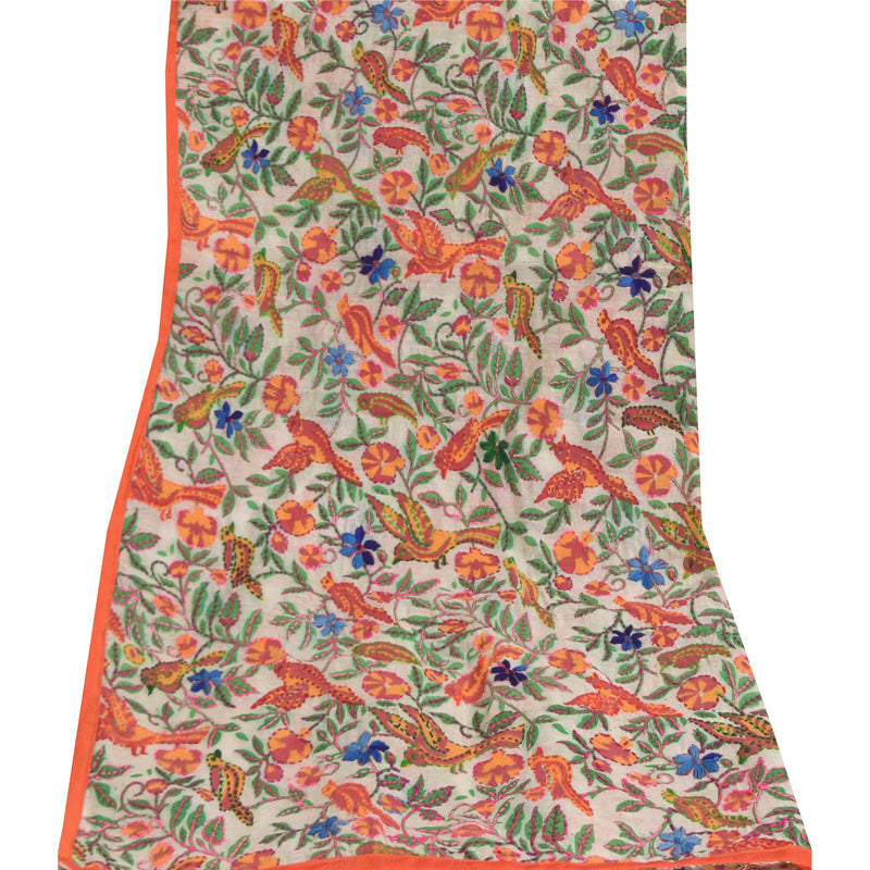 Sanskriti Vintage White Chanderi Dupatta Hand Embroidered Phulkari Printed Hijab From Himachal Panjab Of India Textile Heritage, Decor