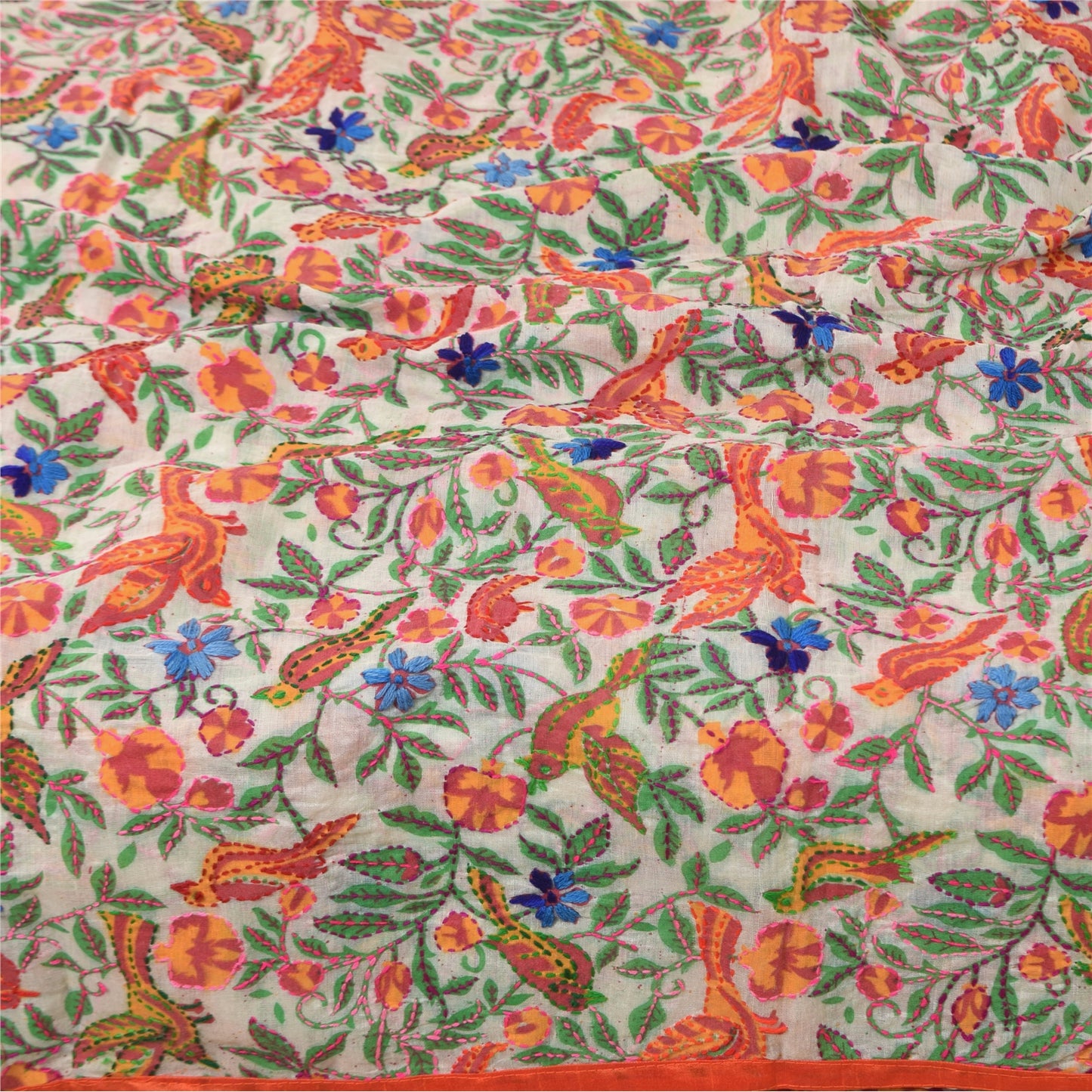 Sanskriti Vintage White Dupatta Chanderi Hand Embroidered Phulkari Printed Hijab