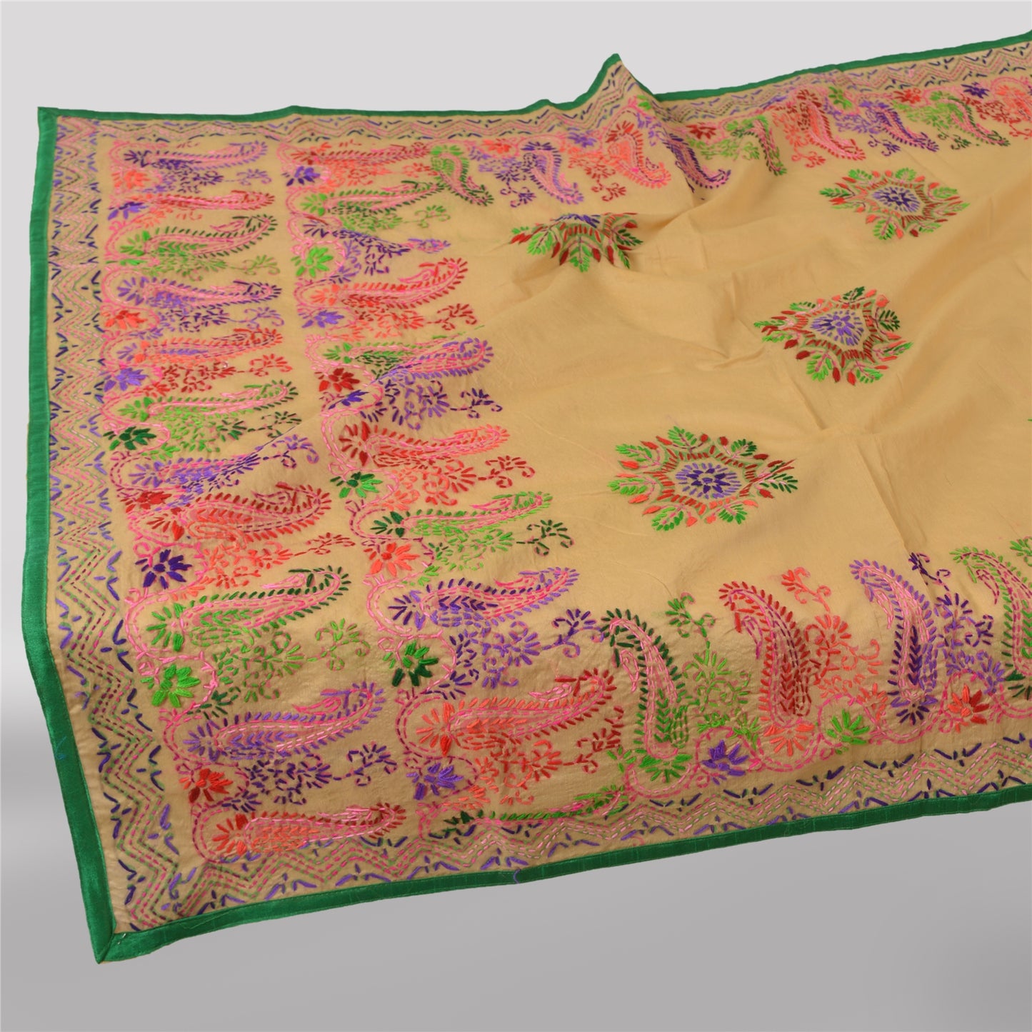 Sanskriti Vintage Cream Dupatta Chanderi Hand Embroidered Phulkari Panjab Stole/Scarve Indian Heritage Textile Women Traditional Dress