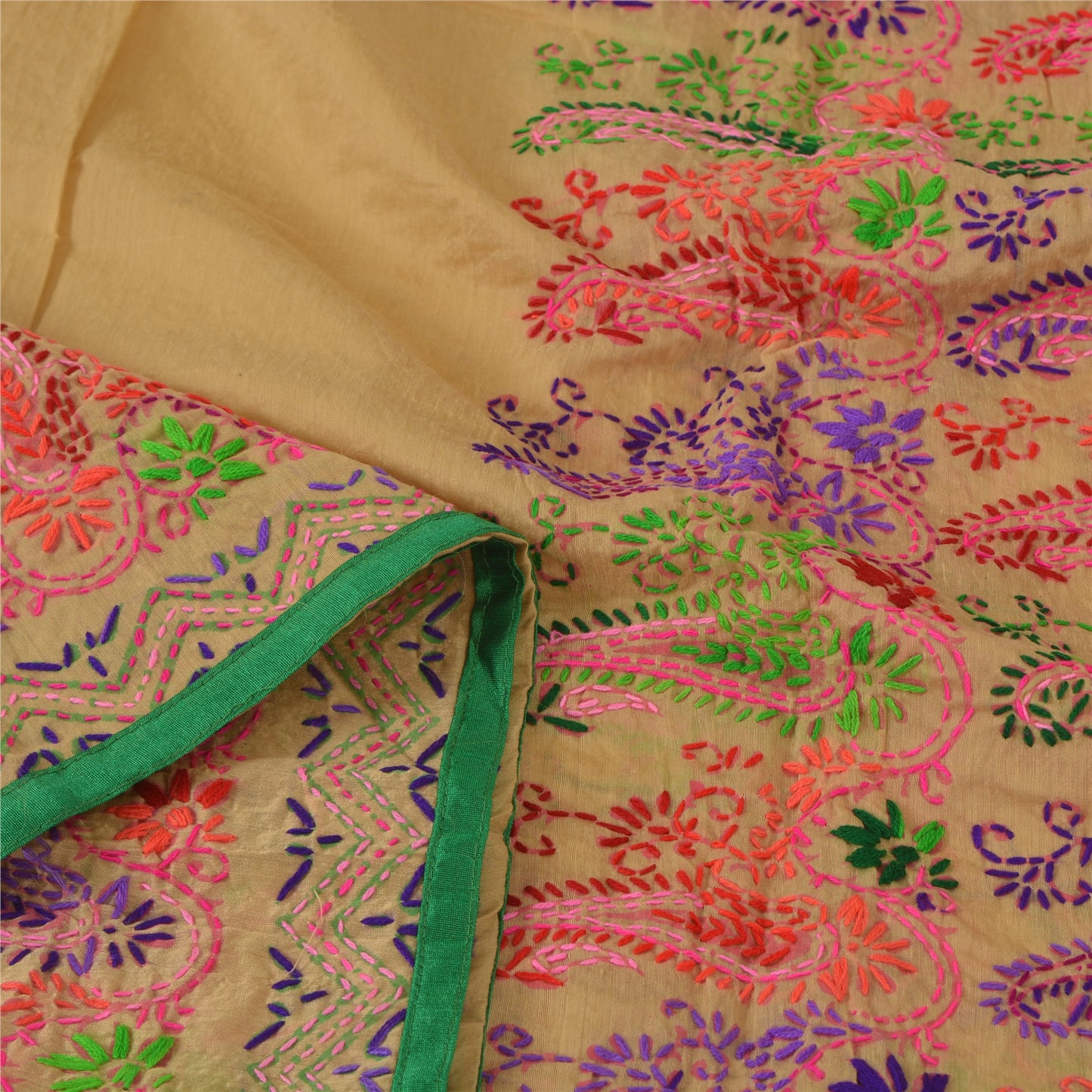 Sanskriti Vintage Cream Dupatta Chanderi Hand Embroidered Phulkari Panjab Stole/Scarve Indian Heritage Textile Women Traditional Dress