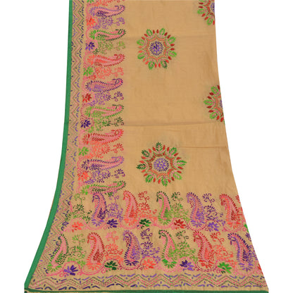 Sanskriti Vintage Cream Dupatta Chanderi Hand Embroidered Phulkari Panjab Stole/Scarve Indian Heritage Textile Women Traditional Dress