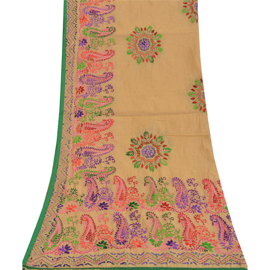 Sanskriti Vintage Cream Dupatta Chanderi Hand Embroidered Phulkari Stole/Scarve