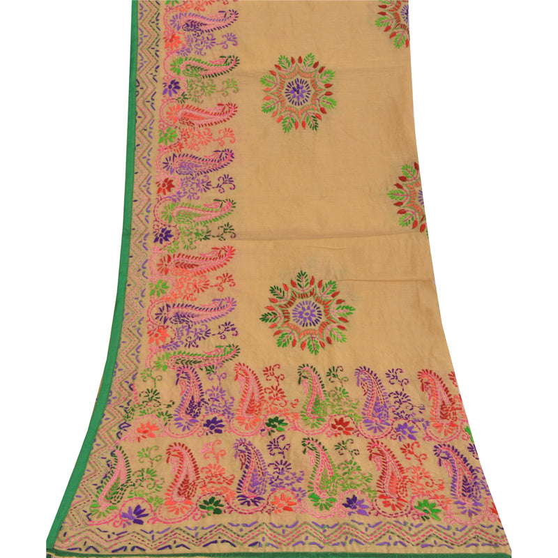 Sanskriti Vintage Cream Dupatta Chanderi Hand Embroidered Phulkari Panjab Stole/Scarve Indian Heritage Textile Women Traditional Dress