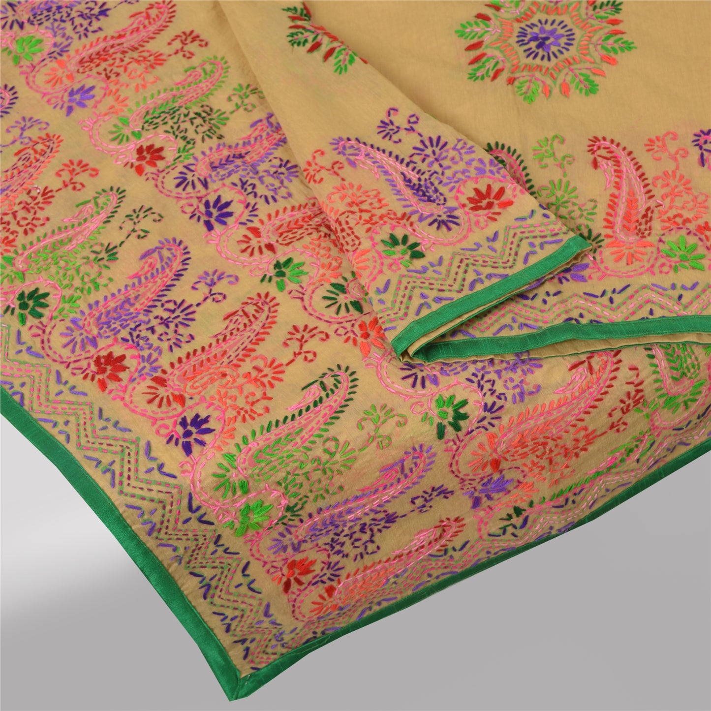 Sanskriti Vintage Cream Dupatta Chanderi Hand Embroidered Phulkari Panjab Stole/Scarve Indian Heritage Textile Women Traditional Dress