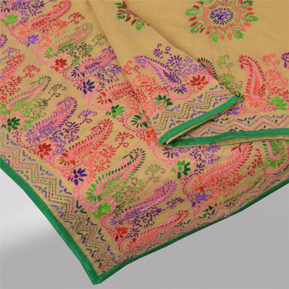 Sanskriti Vintage Cream Dupatta Chanderi Hand Embroidered Phulkari Panjab Stole/Scarve Indian Heritage Textile Women Traditional Dress