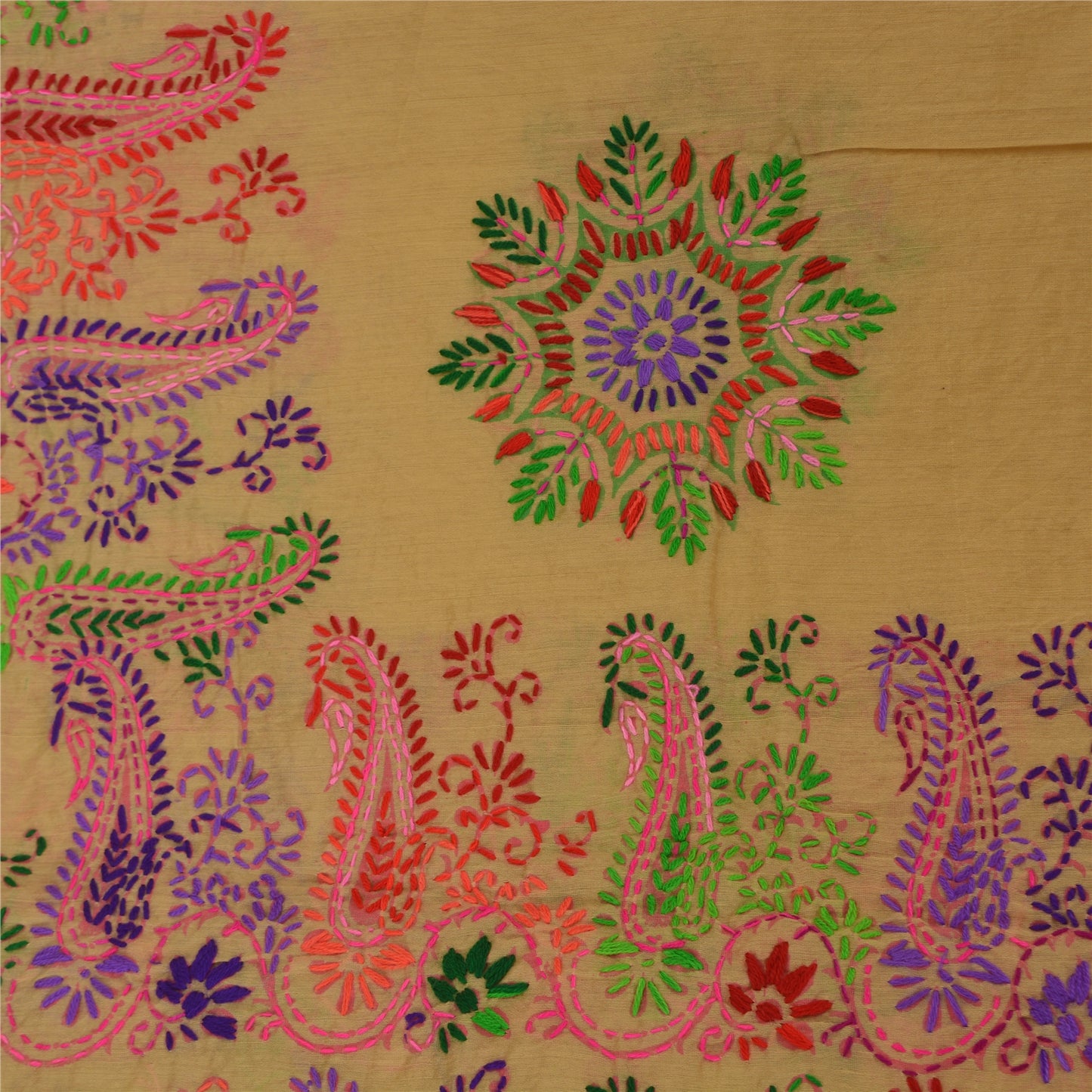 Sanskriti Vintage Cream Dupatta Chanderi Hand Embroidered Phulkari Panjab Stole/Scarve Indian Heritage Textile Women Traditional Dress