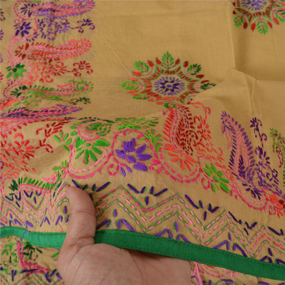 Sanskriti Vintage Cream Dupatta Chanderi Hand Embroidered Phulkari Panjab Stole/Scarve Indian Heritage Textile Women Traditional Dress