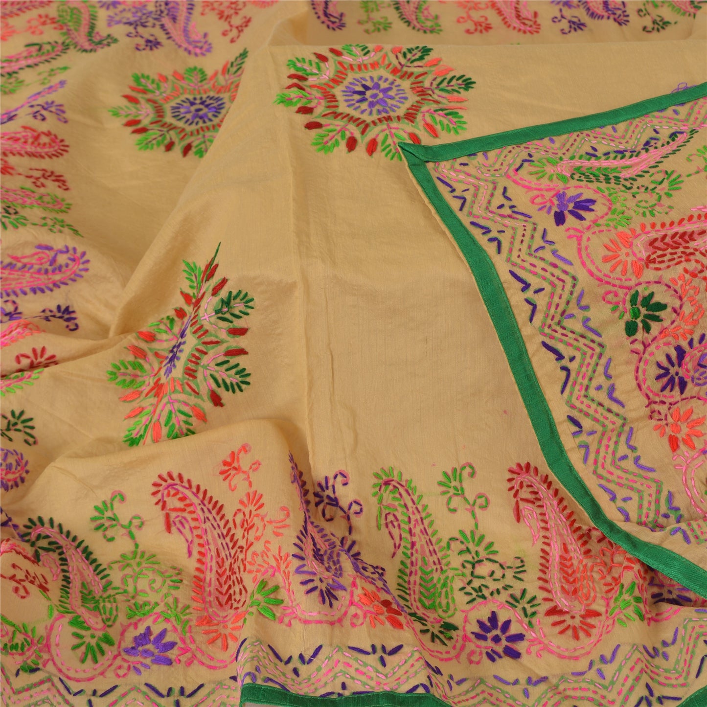 Sanskriti Vintage Cream Dupatta Chanderi Hand Embroidered Phulkari Panjab Stole/Scarve Indian Heritage Textile Women Traditional Dress