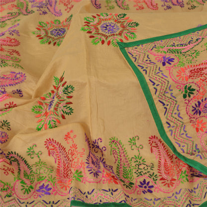 Sanskriti Vintage Cream Dupatta Chanderi Hand Embroidered Phulkari Panjab Stole/Scarve Indian Heritage Textile Women Traditional Dress