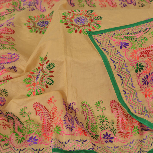 Sanskriti Vintage Cream Dupatta Chanderi Hand Embroidered Phulkari Stole/Scarve