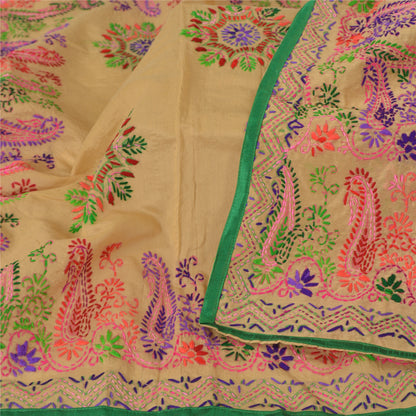 Sanskriti Vintage Cream Dupatta Chanderi Hand Embroidered Phulkari Panjab Stole/Scarve Indian Heritage Textile Women Traditional Dress