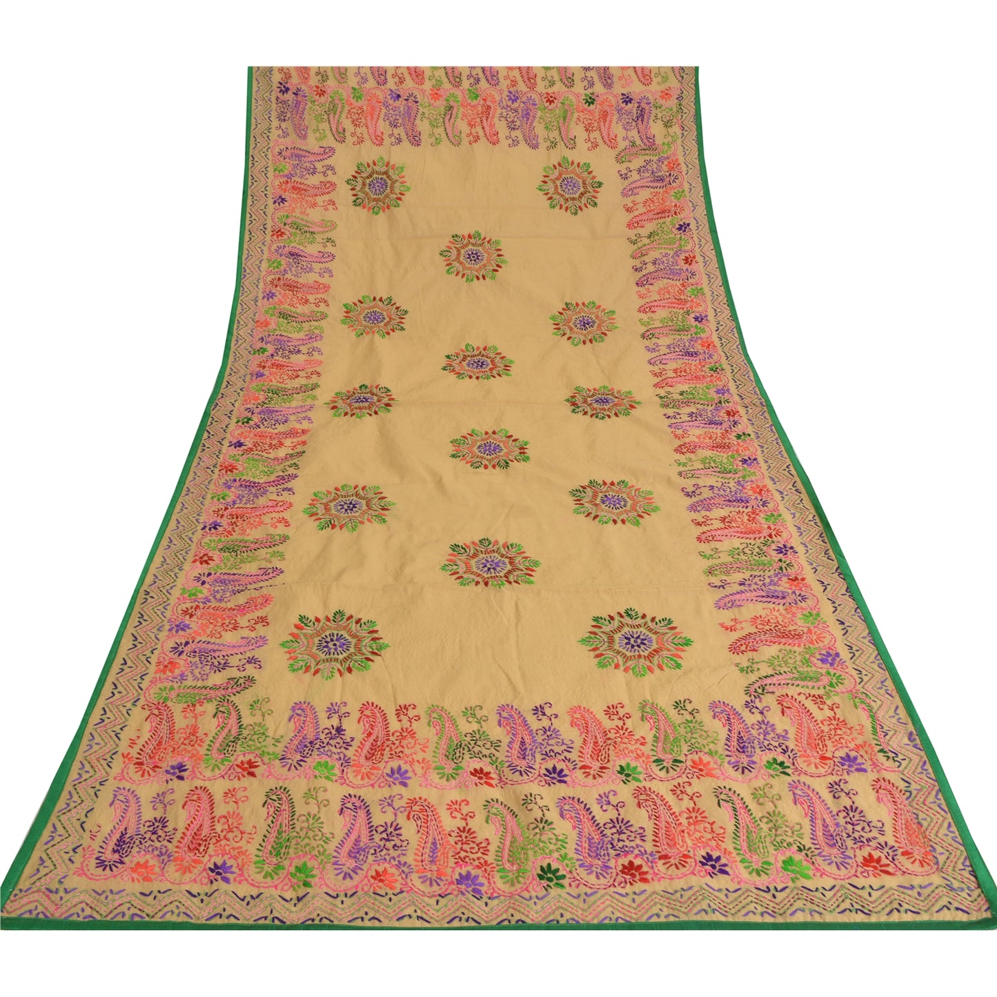 Sanskriti Vintage Cream Dupatta Chanderi Hand Embroidered Phulkari Panjab Stole/Scarve Indian Heritage Textile Women Traditional Dress