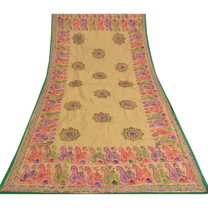Sanskriti Vintage Cream Dupatta Chanderi Hand Embroidered Phulkari Panjab Stole/Scarve Indian Heritage Textile Women Traditional Dress