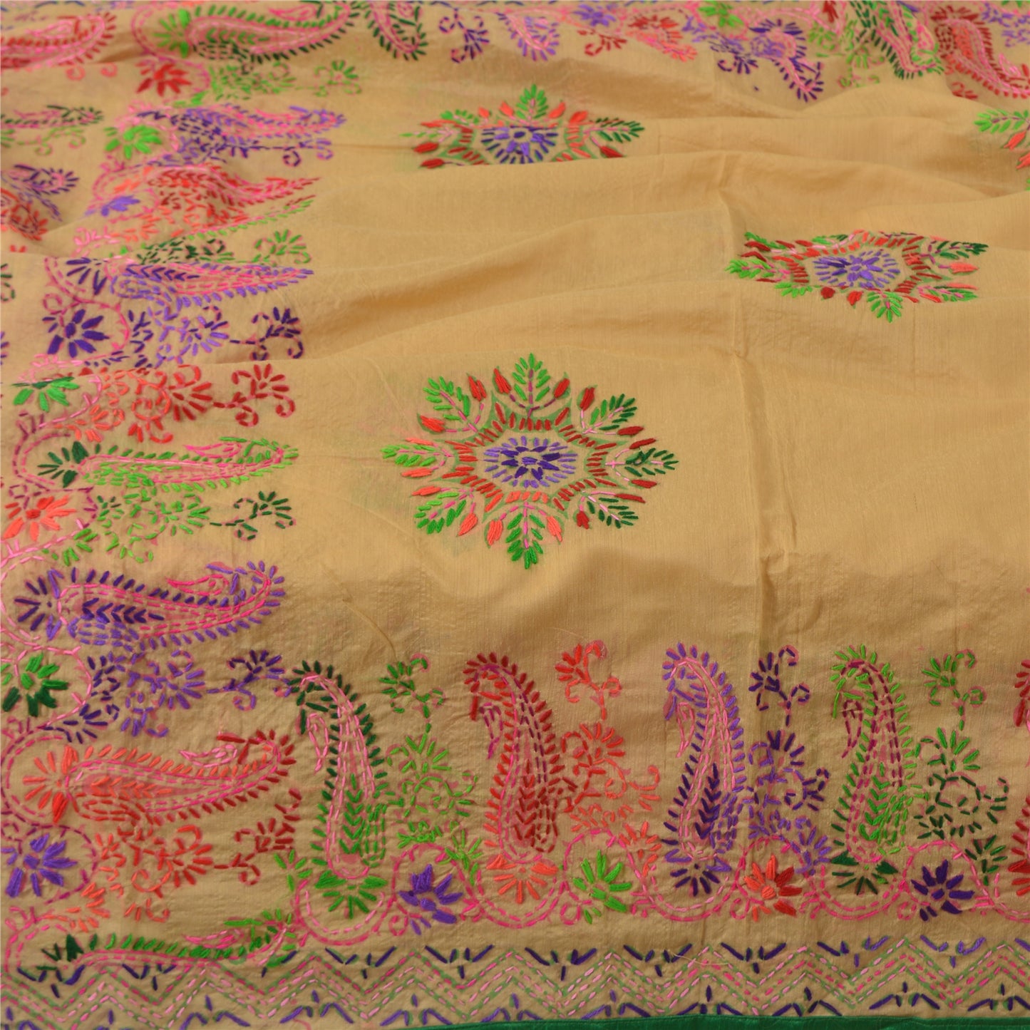 Sanskriti Vintage Cream Dupatta Chanderi Hand Embroidered Phulkari Panjab Stole/Scarve Indian Heritage Textile Women Traditional Dress