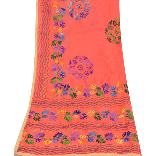 Sanskriti Vintage Coral Long Dupatta Stole Chanderi Handmade Phulkari Wrap Veil