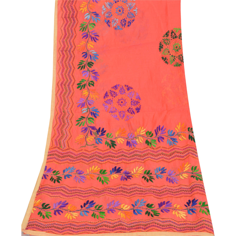 Sanskriti Vintage Coral Long Dupatta Stole Chanderi Handmade Phulkari Wrap Veil
