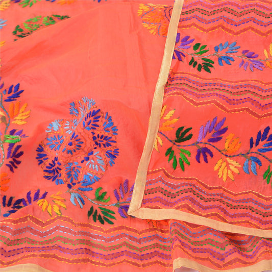 Sanskriti Vintage Coral Long Dupatta Stole Chanderi Handmade Phulkari Wrap Veil