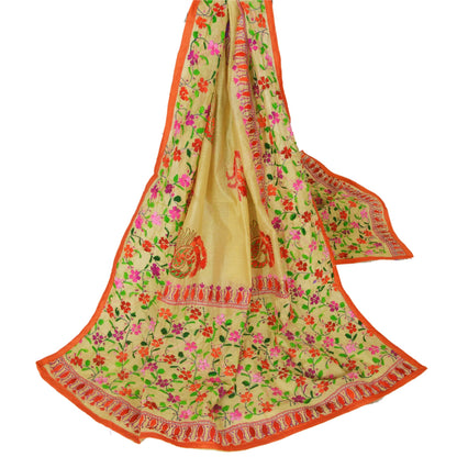 Sanskriti Vintage New Cream Dupatta Hand Embroidered Kantha Stole Chanderi Silk Bengal For Dressmaking,Craft Supplies,Upcyclers,Decor