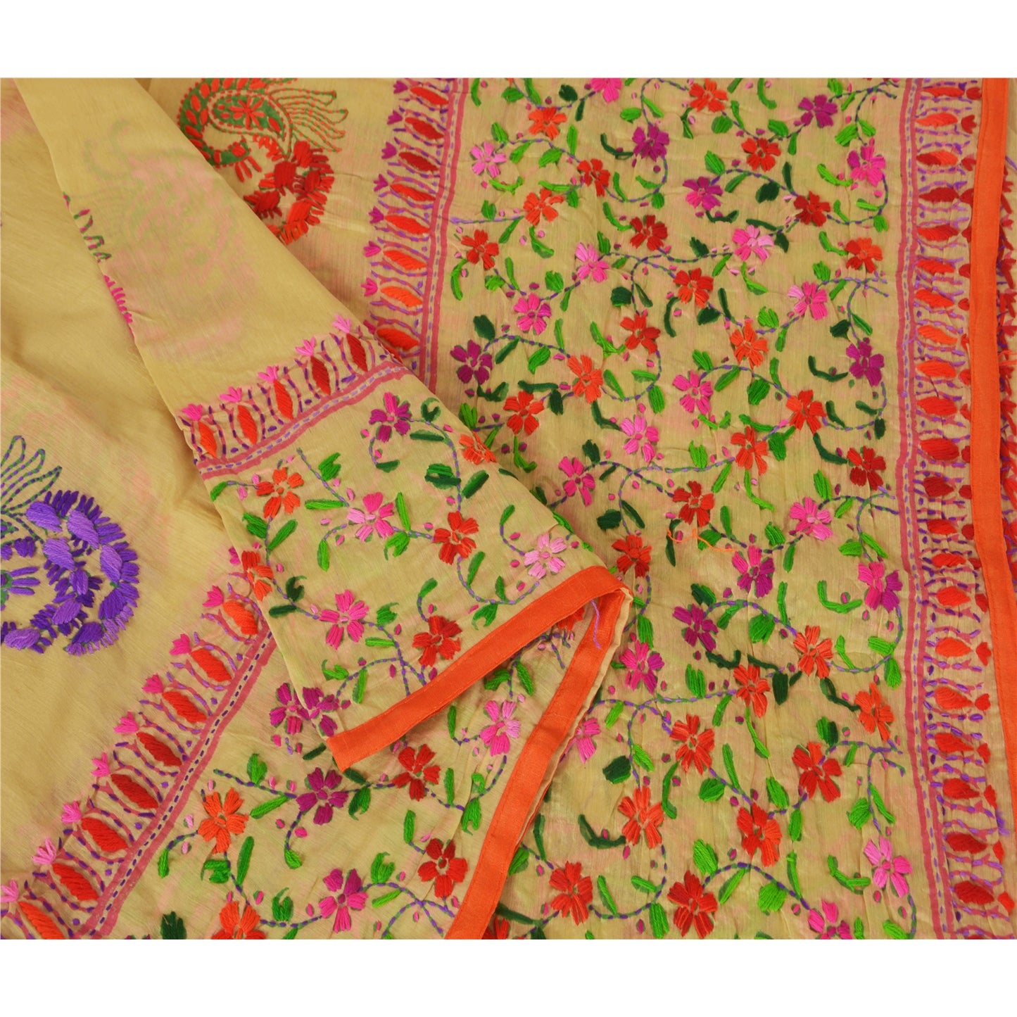 Sanskriti Vintage New Cream Dupatta Hand Embroidered Kantha Stole Chanderi Silk Bengal For Dressmaking,Craft Supplies,Upcyclers,Decor