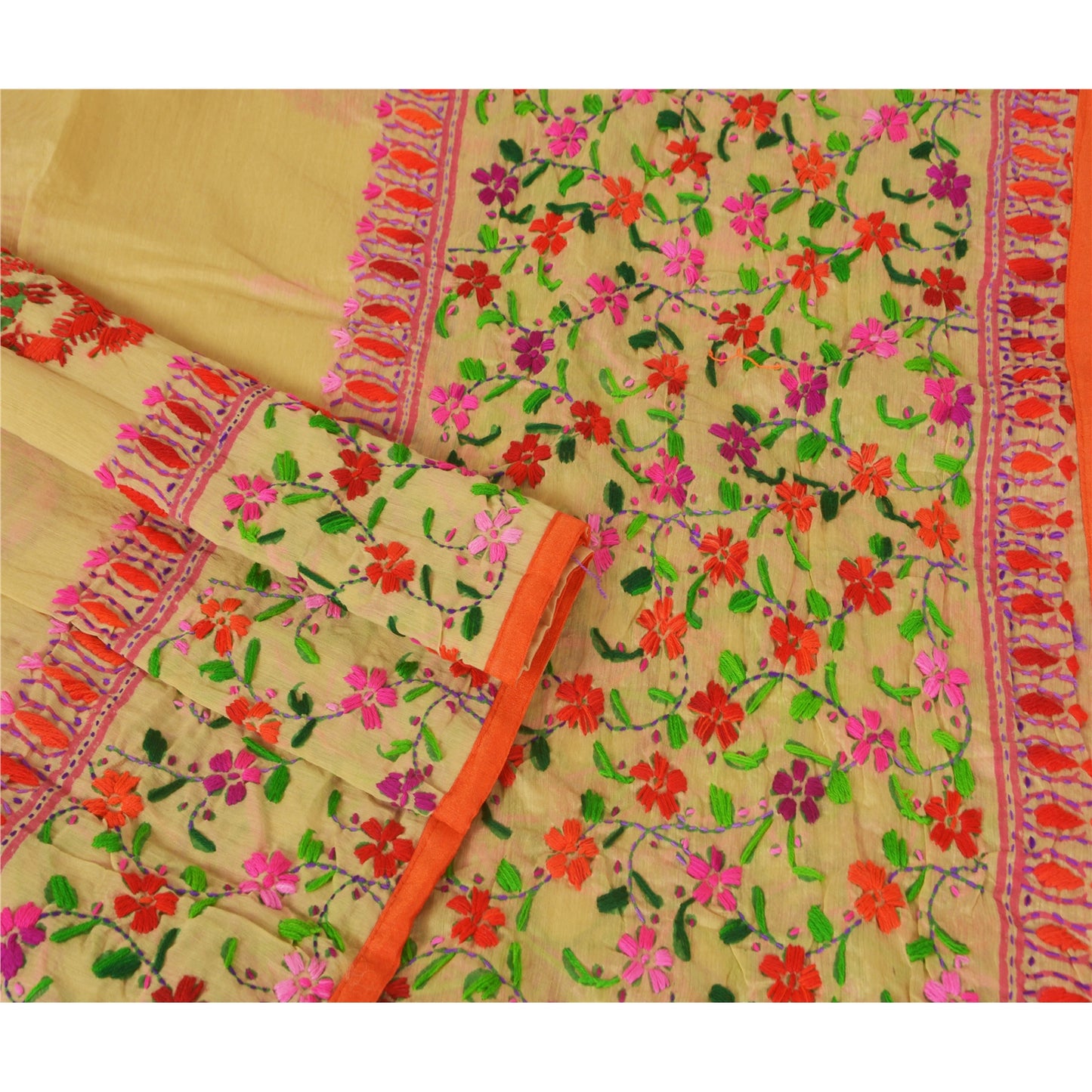Sanskriti Vintage New Cream Dupatta Hand Embroidered Kantha Stole Chanderi Silk Bengal For Dressmaking,Craft Supplies,Upcyclers,Decor