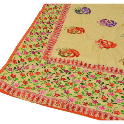 Sanskriti Vintage New Cream Dupatta Hand Embroidered Kantha Stole Chanderi Silk Bengal For Dressmaking,Craft Supplies,Upcyclers,Decor