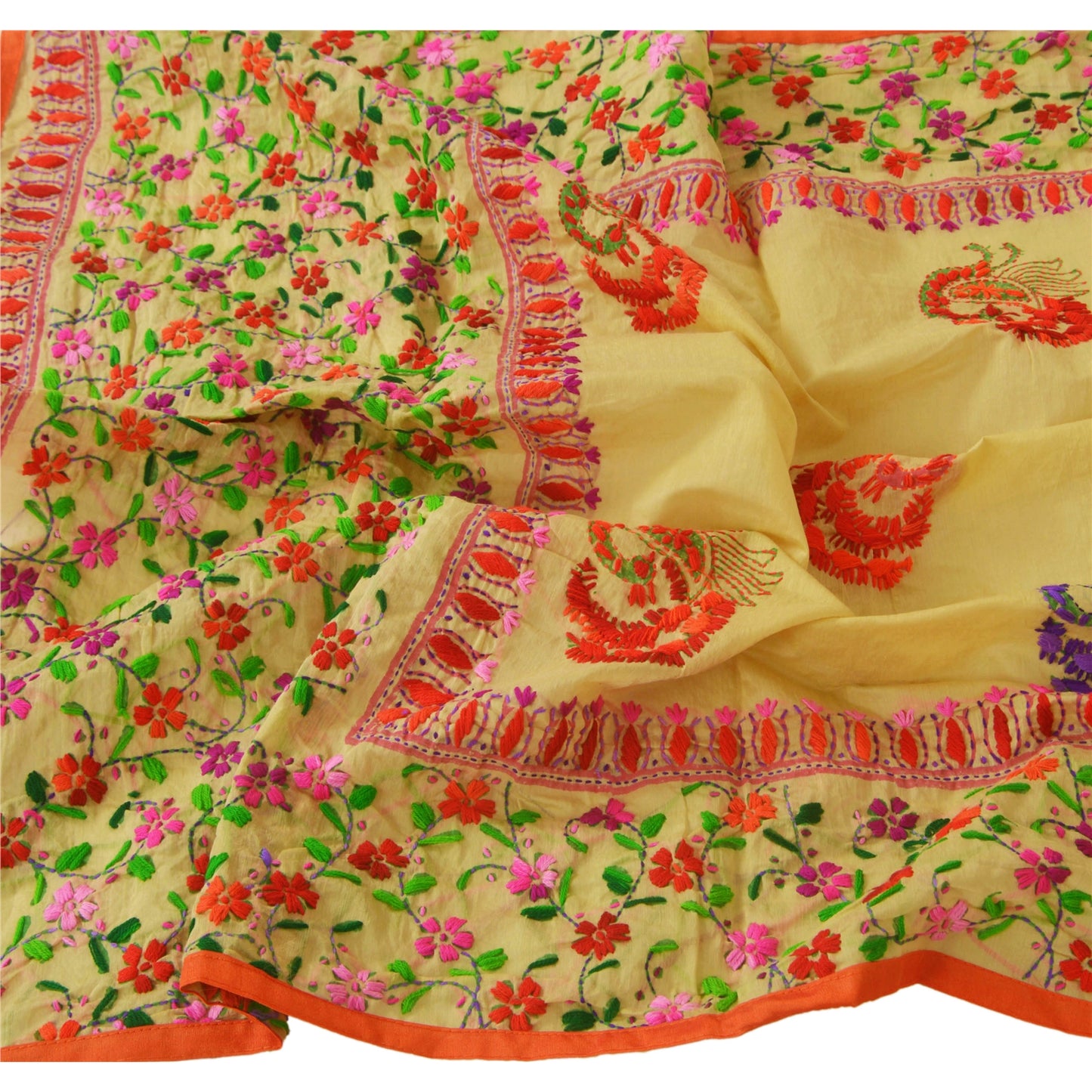 Sanskriti Vintage New Cream Dupatta Hand Embroidered Kantha Stole Chanderi Silk Bengal For Dressmaking,Craft Supplies,Upcyclers,Decor