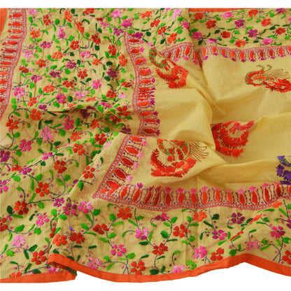 Sanskriti Vintage New Cream Dupatta Hand Embroidered Kantha Stole Chanderi Silk Bengal For Dressmaking,Craft Supplies,Upcyclers,Decor