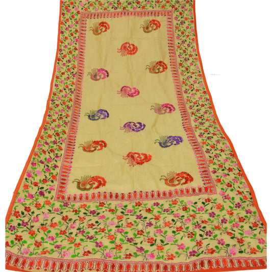 Sanskriti New Cream Dupatta Hand Embroidered Kantha Stole Chanderi Silk Scarves