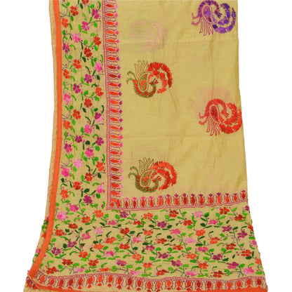 Sanskriti Vintage New Cream Dupatta Hand Embroidered Kantha Stole Chanderi Silk Bengal For Dressmaking,Craft Supplies,Upcyclers,Decor