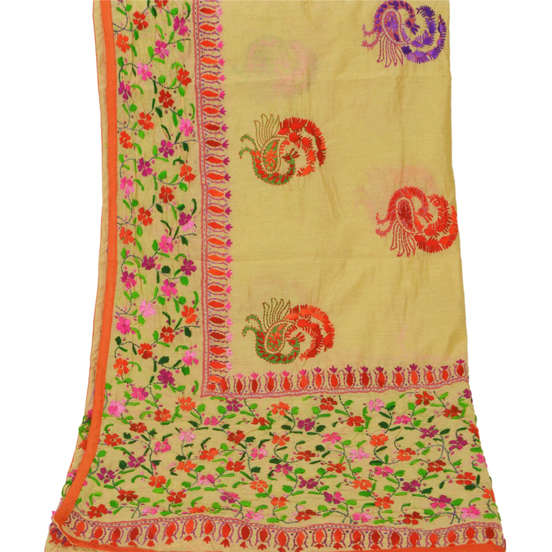 Sanskriti Vintage New Cream Dupatta Hand Embroidered Kantha Stole Chanderi Silk Bengal For Dressmaking,Craft Supplies,Upcyclers,Decor