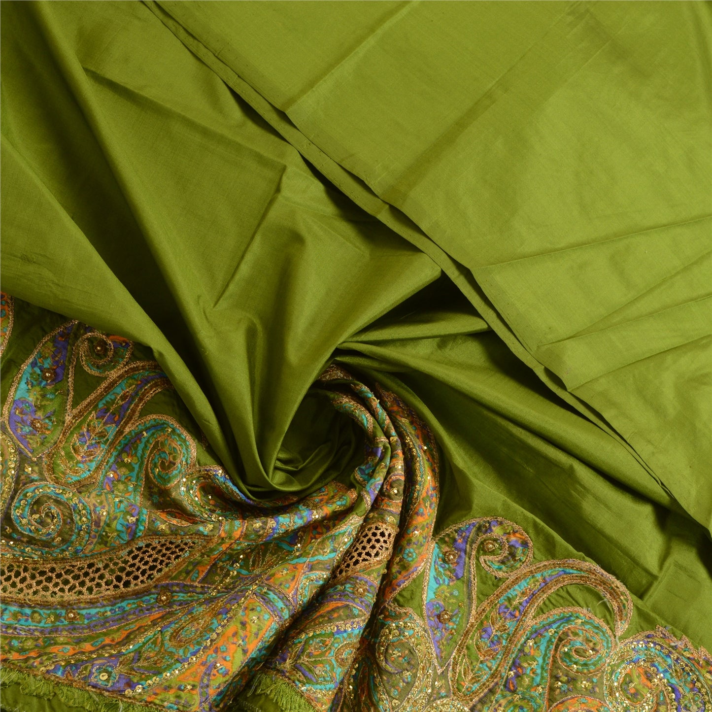 Sanskriti Vintage Green Dupatta Stole Pure Silk Hand Beaded Sequin Party Scarves
