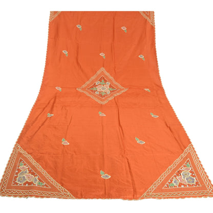 Sanskriti Vintage Orange Dupatta Stole Pure Silk Embroidered Patch Women Veil