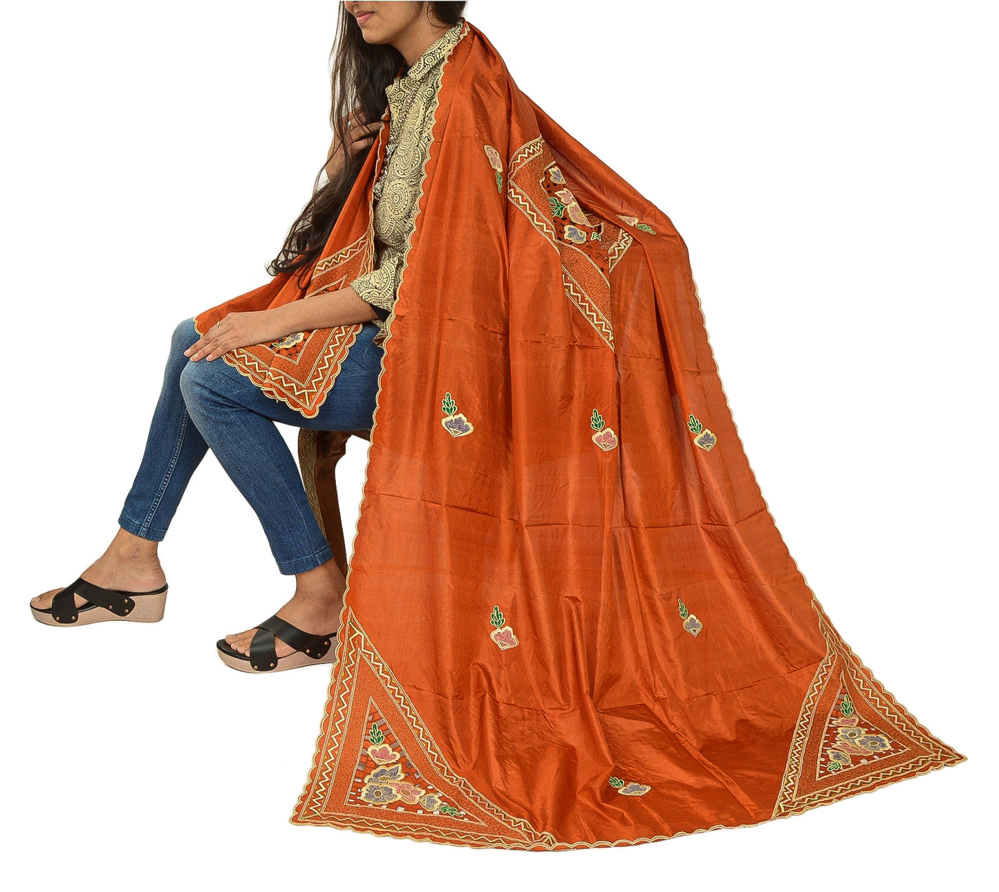 Sanskriti Vintage Orange Dupatta Stole Pure Silk Embroidered Patch Women Veil