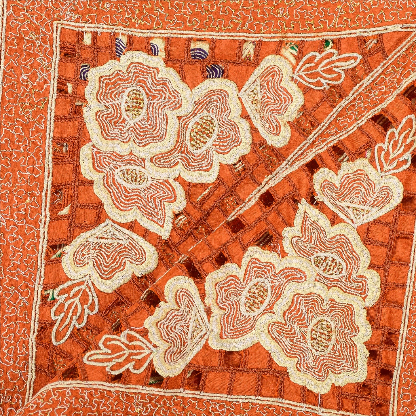 Sanskriti Vintage Orange Dupatta Stole Pure Silk Embroidered Patch Women Veil