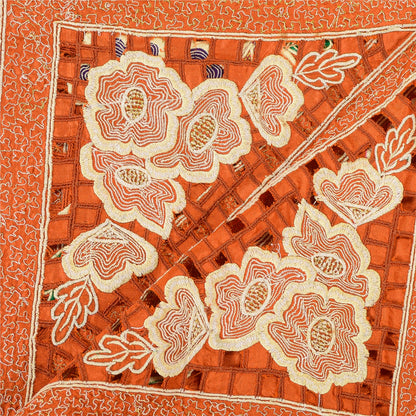 Sanskriti Vintage Orange Dupatta Stole Pure Silk Embroidered Patch Women Veil