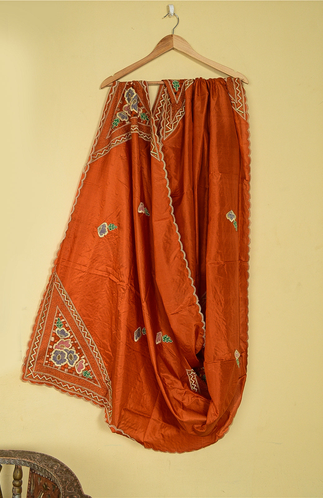 Sanskriti Vintage Orange Dupatta Stole Pure Silk Embroidered Patch Women Veil