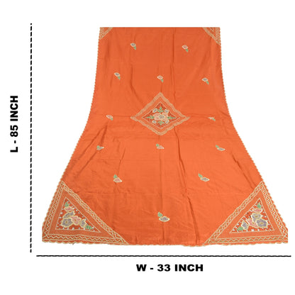 Sanskriti Vintage Orange Dupatta Stole Pure Silk Embroidered Patch Women Veil
