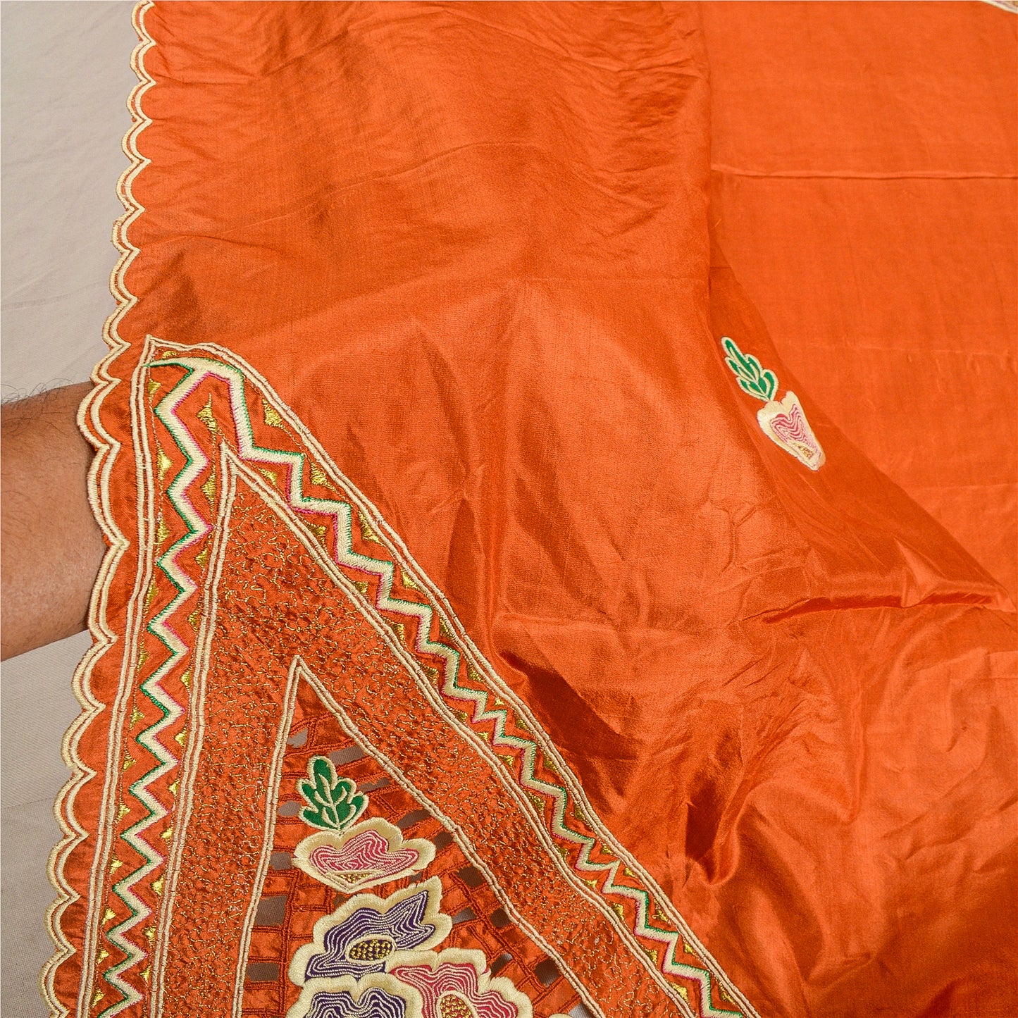 Sanskriti Vintage Orange Dupatta Stole Pure Silk Embroidered Patch Women Veil