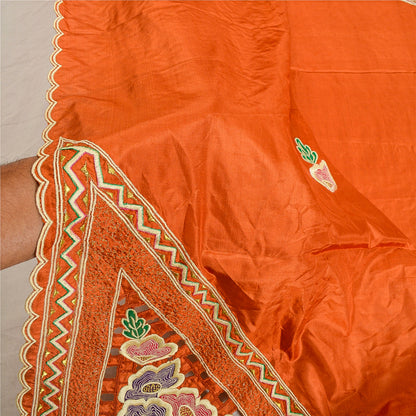 Sanskriti Vintage Orange Dupatta Stole Pure Silk Embroidered Patch Women Veil