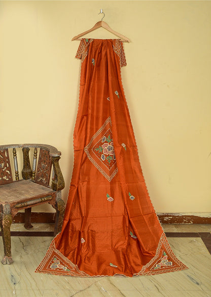 Sanskriti Vintage Orange Dupatta Stole Pure Silk Embroidered Patch Women Veil