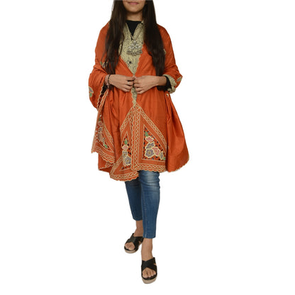 Sanskriti Vintage Orange Dupatta Stole Pure Silk Embroidered Patch Women Veil