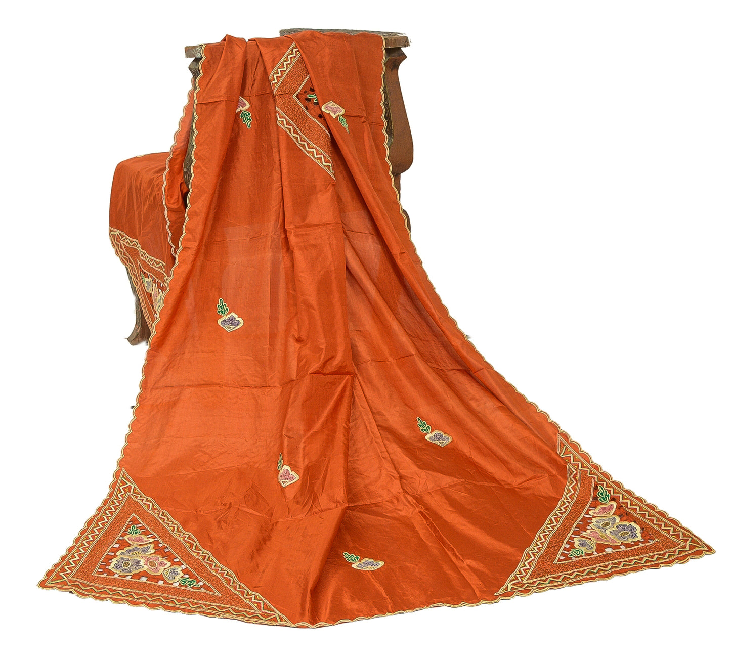 Sanskriti Vintage Orange Dupatta Stole Pure Silk Embroidered Patch Women Veil