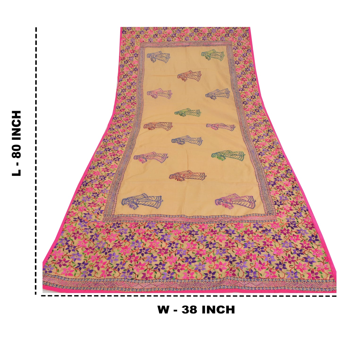Sanskriti Vintage Cream Dupatta Chanderi Hand Embroidered Phulkari From Panjab Stole Hijab Indian Craft Supplies Fabric upholstery fabric