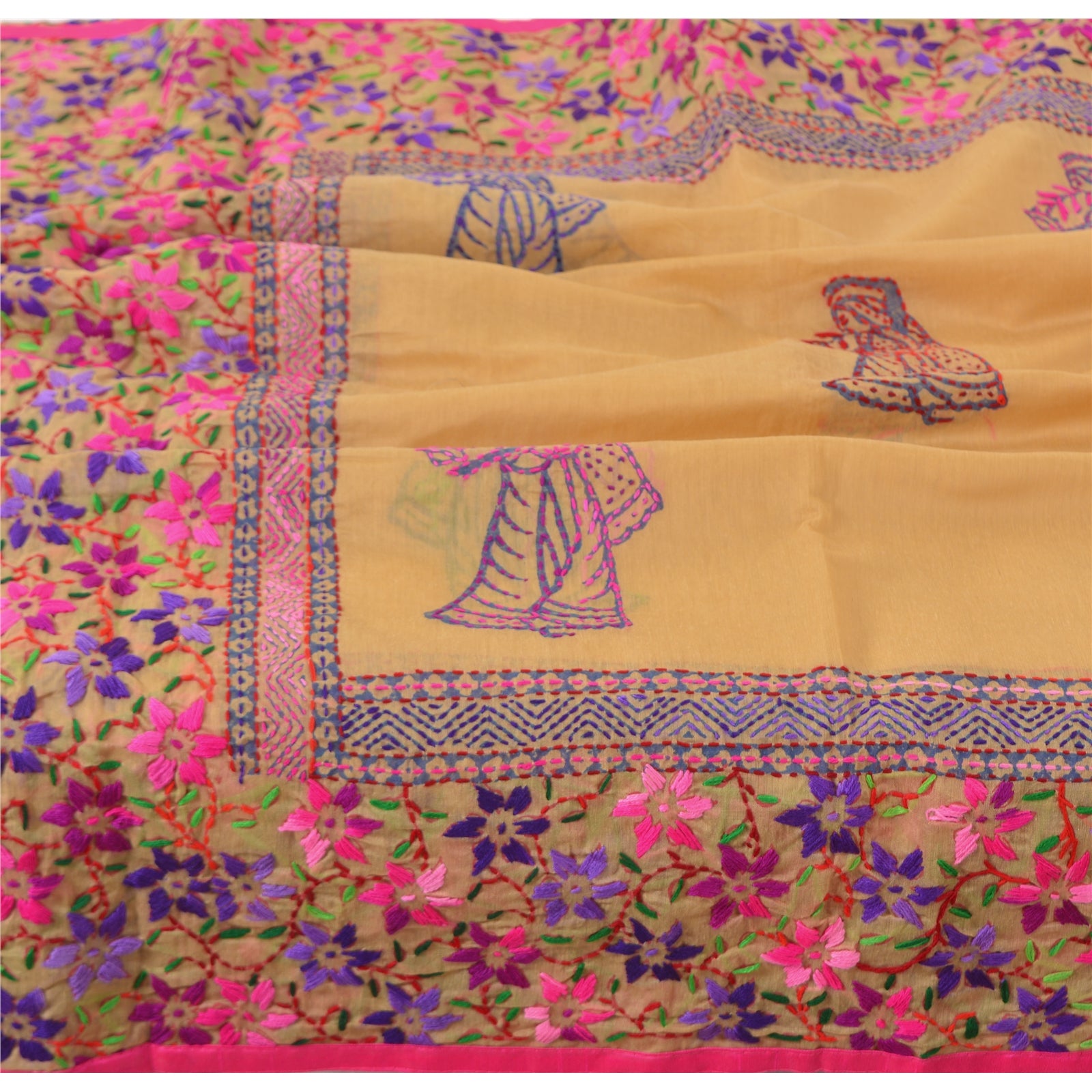 Sanskriti Vintage Cream Dupatta Chanderi Hand Embroidered Phulkari Stole Hijab