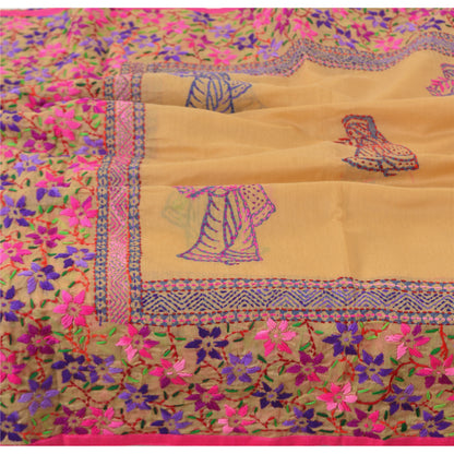 Sanskriti Vintage Cream Dupatta Chanderi Hand Embroidered Phulkari From Panjab Stole Hijab Indian Craft Supplies Fabric upholstery fabric