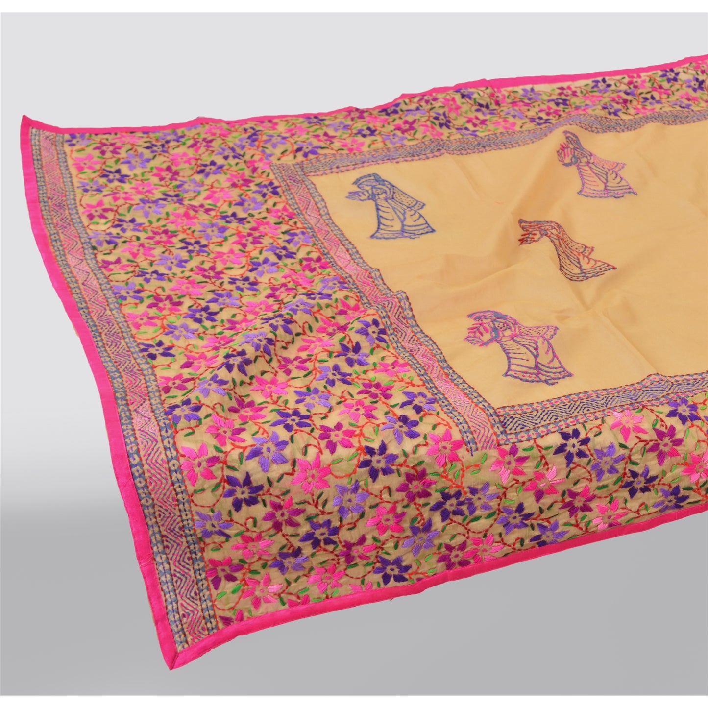 Sanskriti Vintage Cream Dupatta Chanderi Hand Embroidered Phulkari From Panjab Stole Hijab Indian Craft Supplies Fabric upholstery fabric