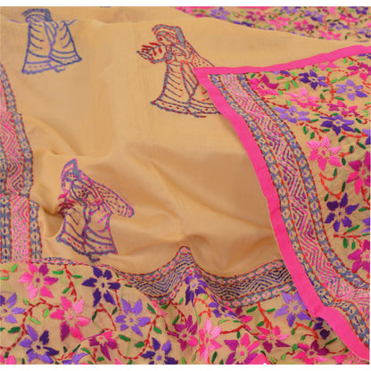 Sanskriti Vintage Cream Dupatta Chanderi Hand Embroidered Phulkari From Panjab Stole Hijab Indian Craft Supplies Fabric upholstery fabric