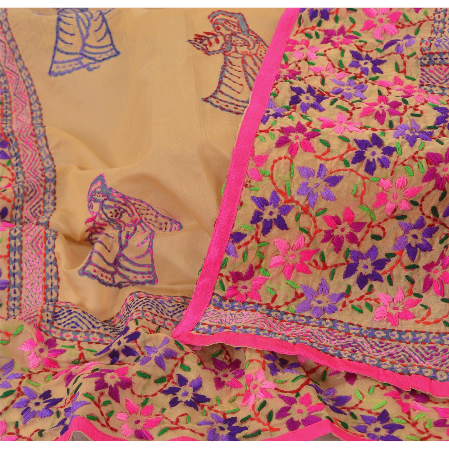 Sanskriti Vintage Cream Dupatta Chanderi Hand Embroidered Phulkari From Panjab Stole Hijab Indian Craft Supplies Fabric upholstery fabric